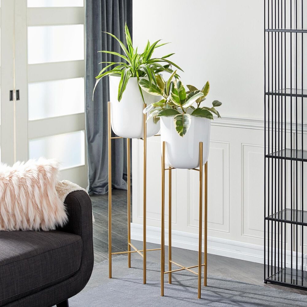 Maple and Jade Dome Planter with Removable Stand in Polished White and Gold &#40;Set of 2&#41;, , large
