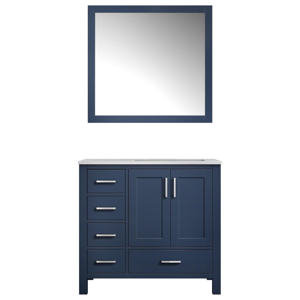 Lexora Home Jacques 36" Right Single Bathroom Vanity in Navy Blue with White Carrara Marble Top, Rectangle Sink and Mirror, , large