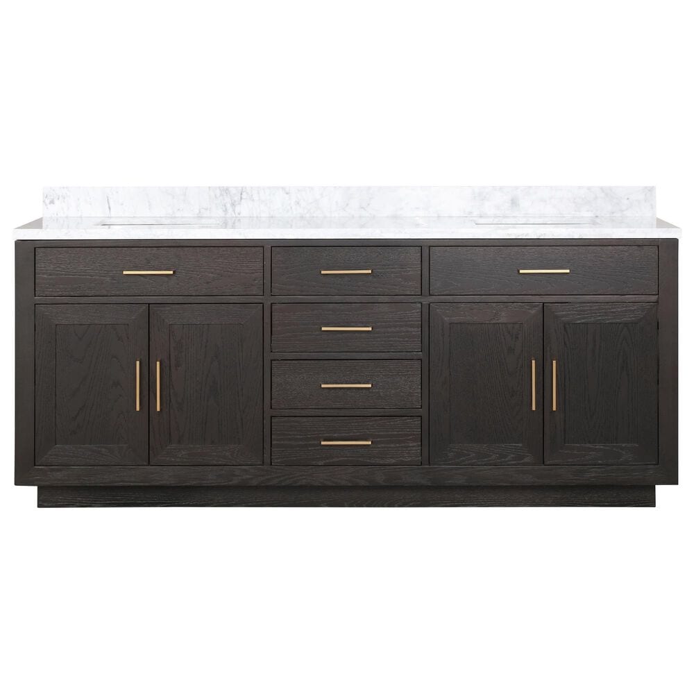 Lexora Home Abbey 80&quot; Double Bathroom Vanity in Brown Oak with 2 cm White Carrara Marble Top and Rectangular Sinks, , large