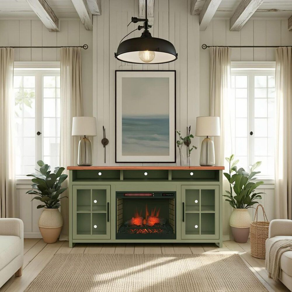 Legends Home Vineyard 74" Fireplace Console with Fireplace Insert in Sage and Fruitwood, , large