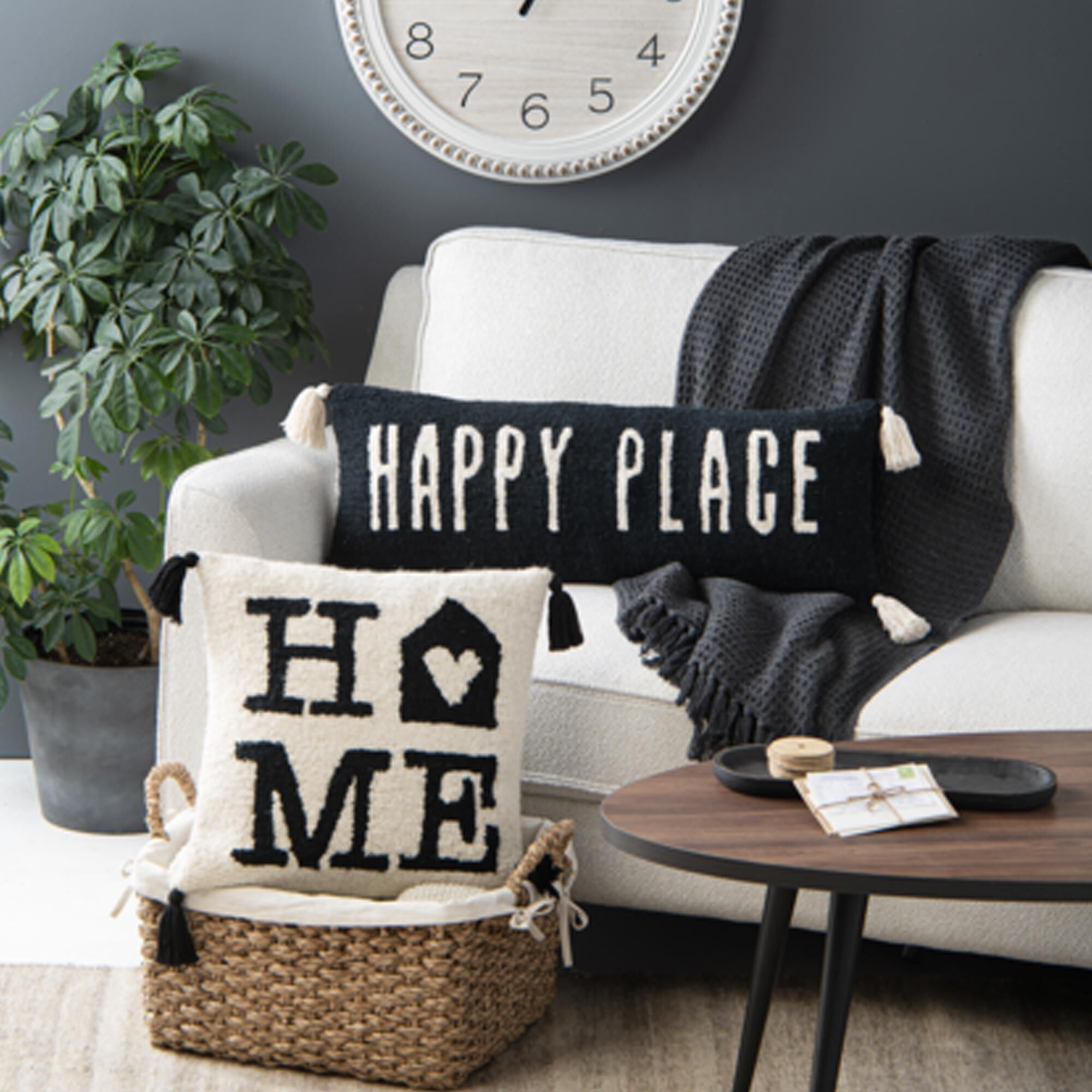 Ganz USA Happy Place 11 x 30 Lumbar Pillow in Black and White NFM