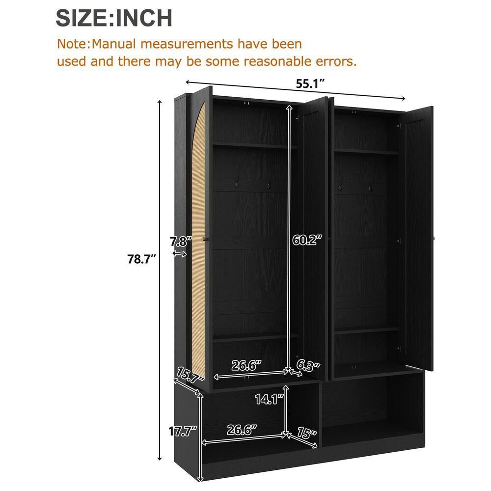 HOMLUX 6-Hook Hall Tree with 2-Rattan Doors in Black, , large