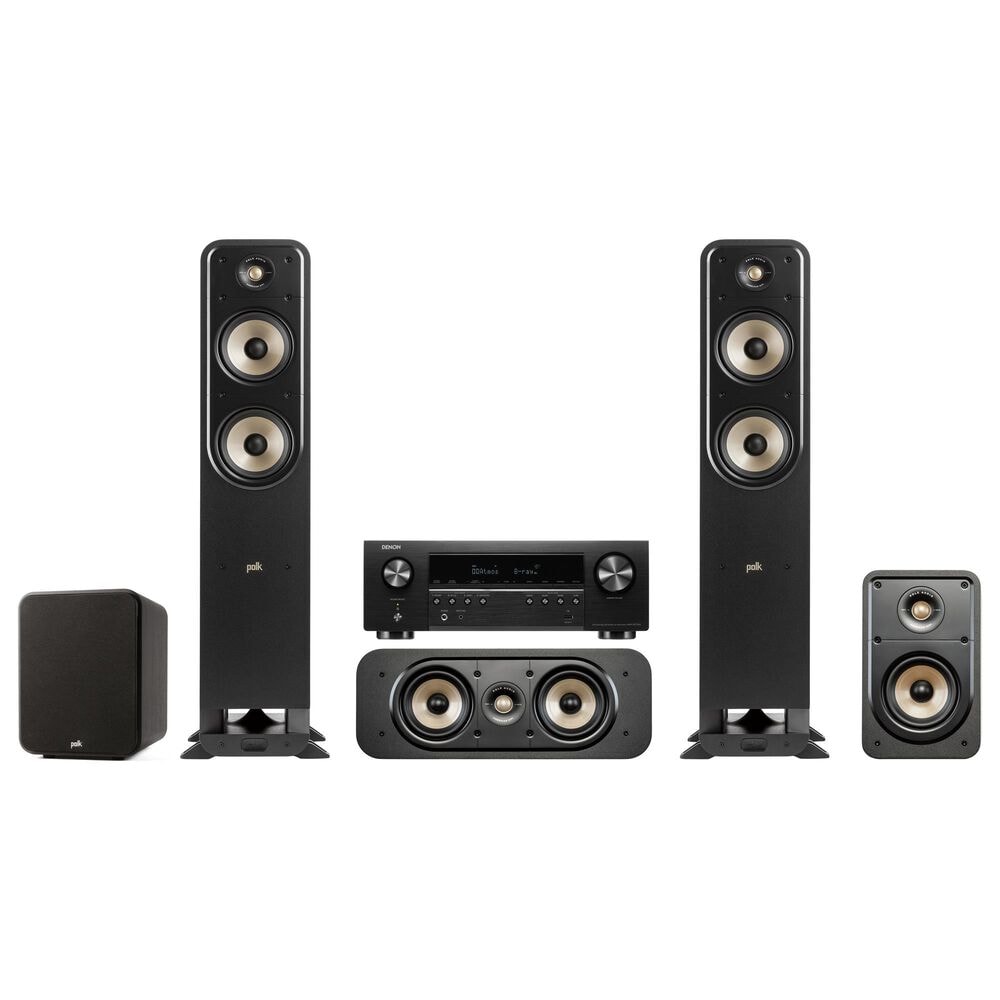 Polk 10" Subwoofer + 6.5 Floorstanding Tower Speaker + 5.25 Center Channel Speaker + 5.25 Bookshelf Speaker + Denon 7.2 Channel AV 8K Receiver Package with HEOS Built-in in Black, , large