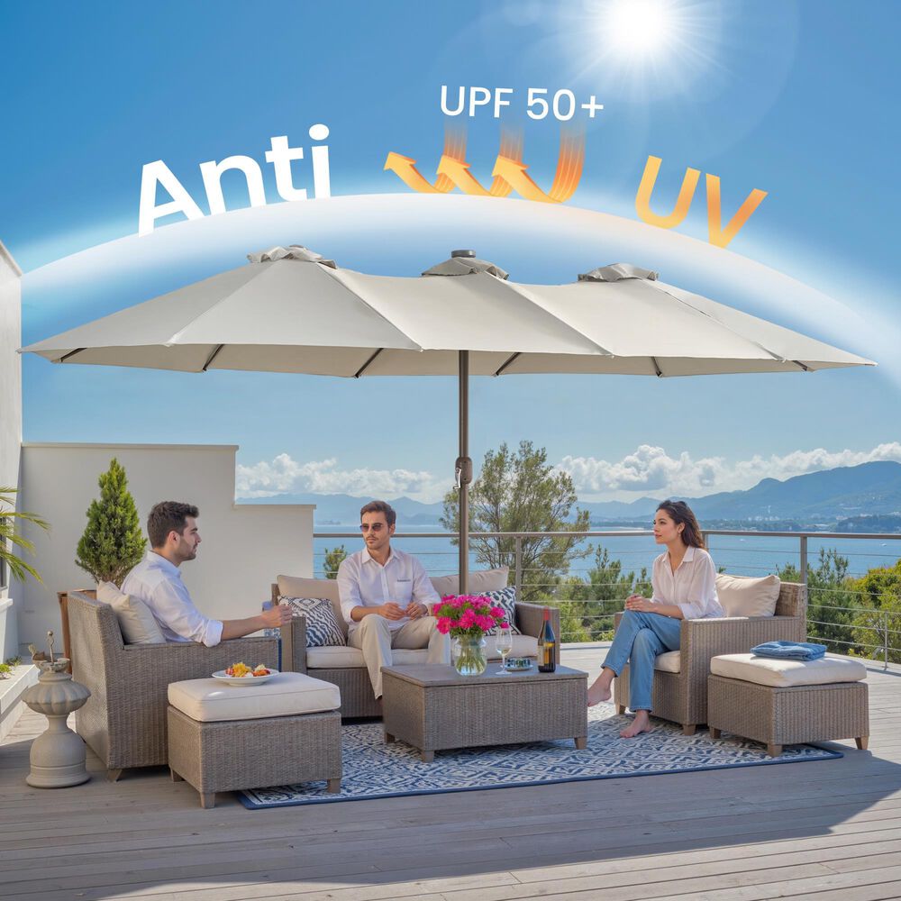 HOMLUX 15' Double-Sided Outdoor Market Umbrella with Sandbag Base and White LED Beads in Light Gray, , large