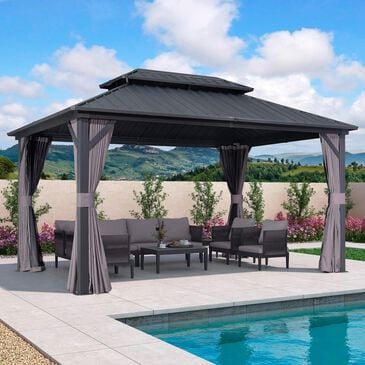 HOMLUX 10" x 14" Outdoor Hardtop Gazebo with Galvanized Steel Roof, Netting, and Curtains, Gray, , large