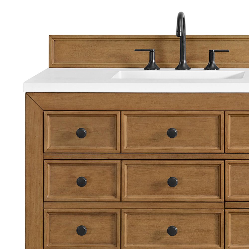 James Martin Vanities Malibu 72&quot; Double Bathroom Vanity in Amber Birch with 3 cm White Zeus Quartz Top and Rectangular Sinks, , large