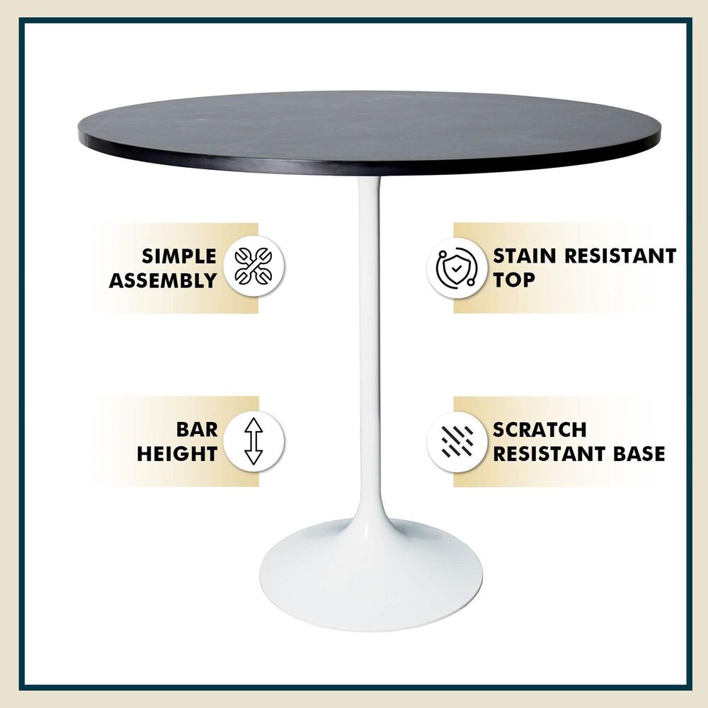 Leisuremod LeisureMod Verve Collection Modern Bar Height Table White Base with 48 Round Black Marbelized Sintered Stone Top, , large