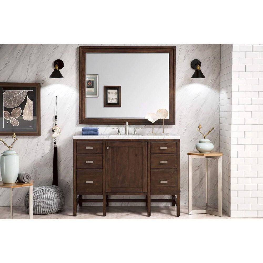 James Martin Vanities Addison 48" Single Vanity in Mid Century Acacia with 3 cm Carrara White Marble Top, , large