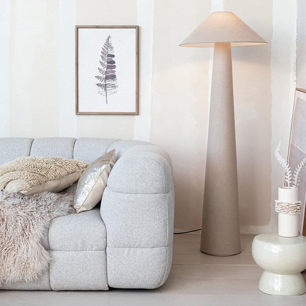 TEAK INTERIORS Round Linen Floor Lamp with Inline Foot Switch in Natural, , large