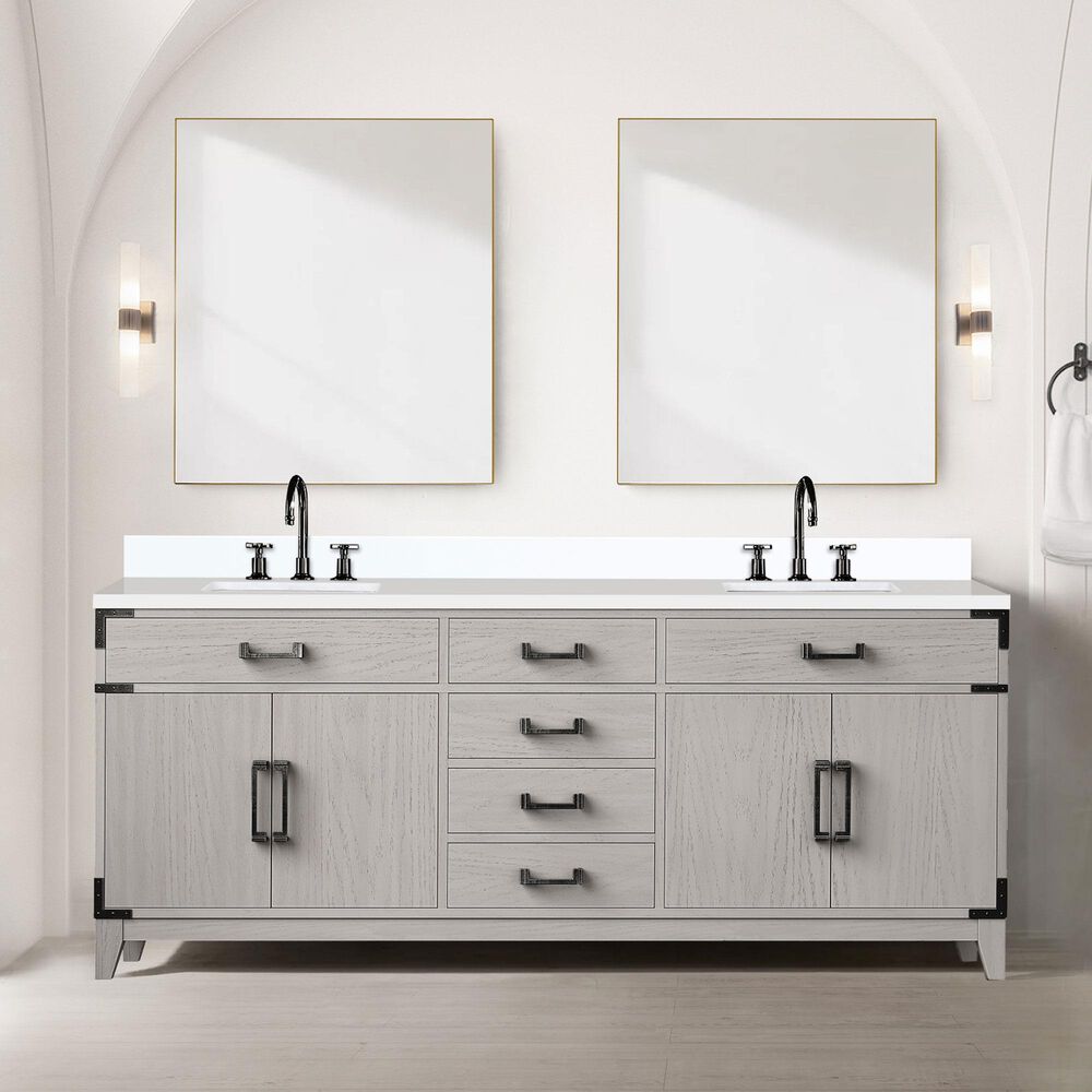 Lexora Home Laurel 80&quot; Double Bathroom Vanity in White Oak with White Quartz Top and Rectangular Sinks, , large