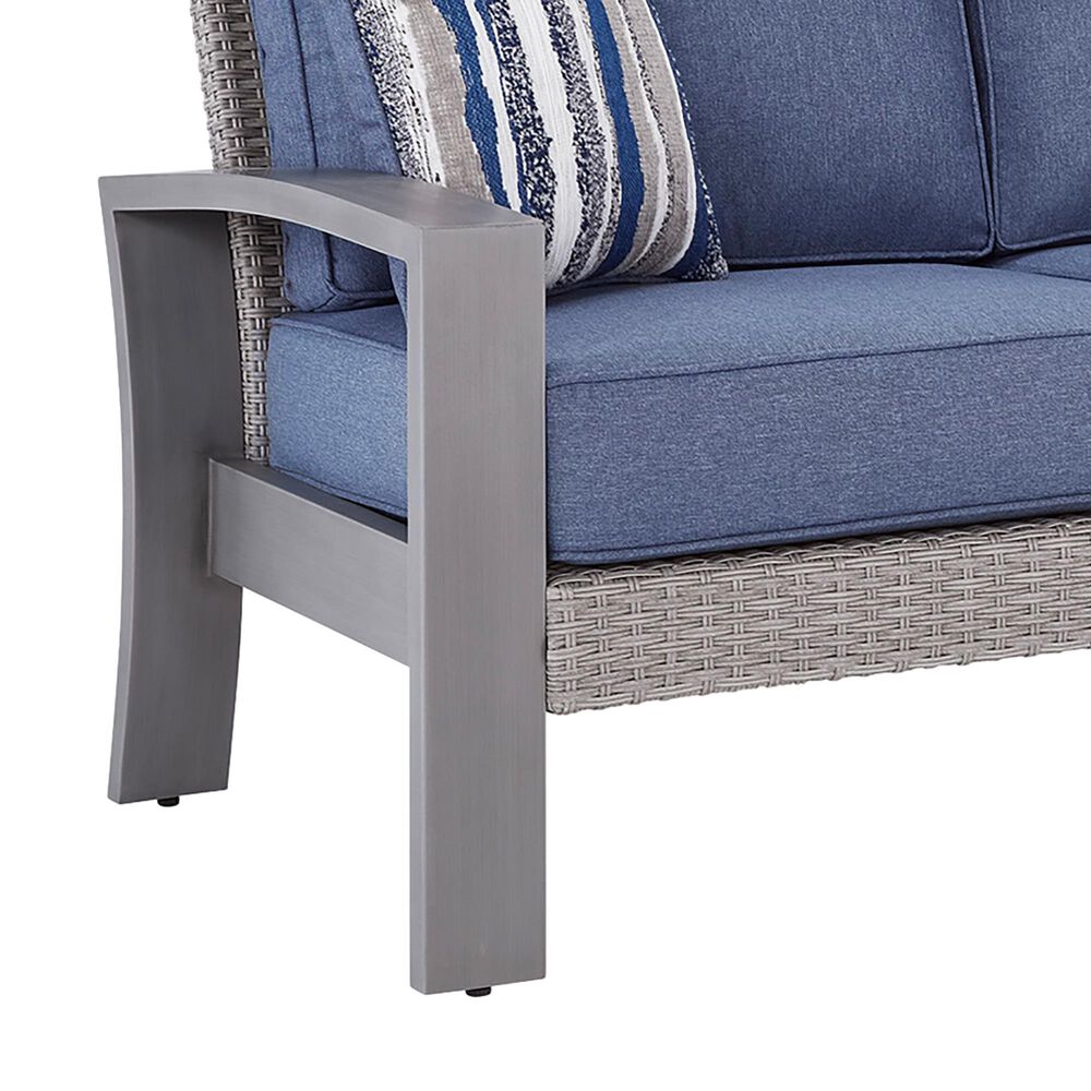 Ashley Half Moon Beach Stationary Sofa with Blue Cushions in Gray, , large