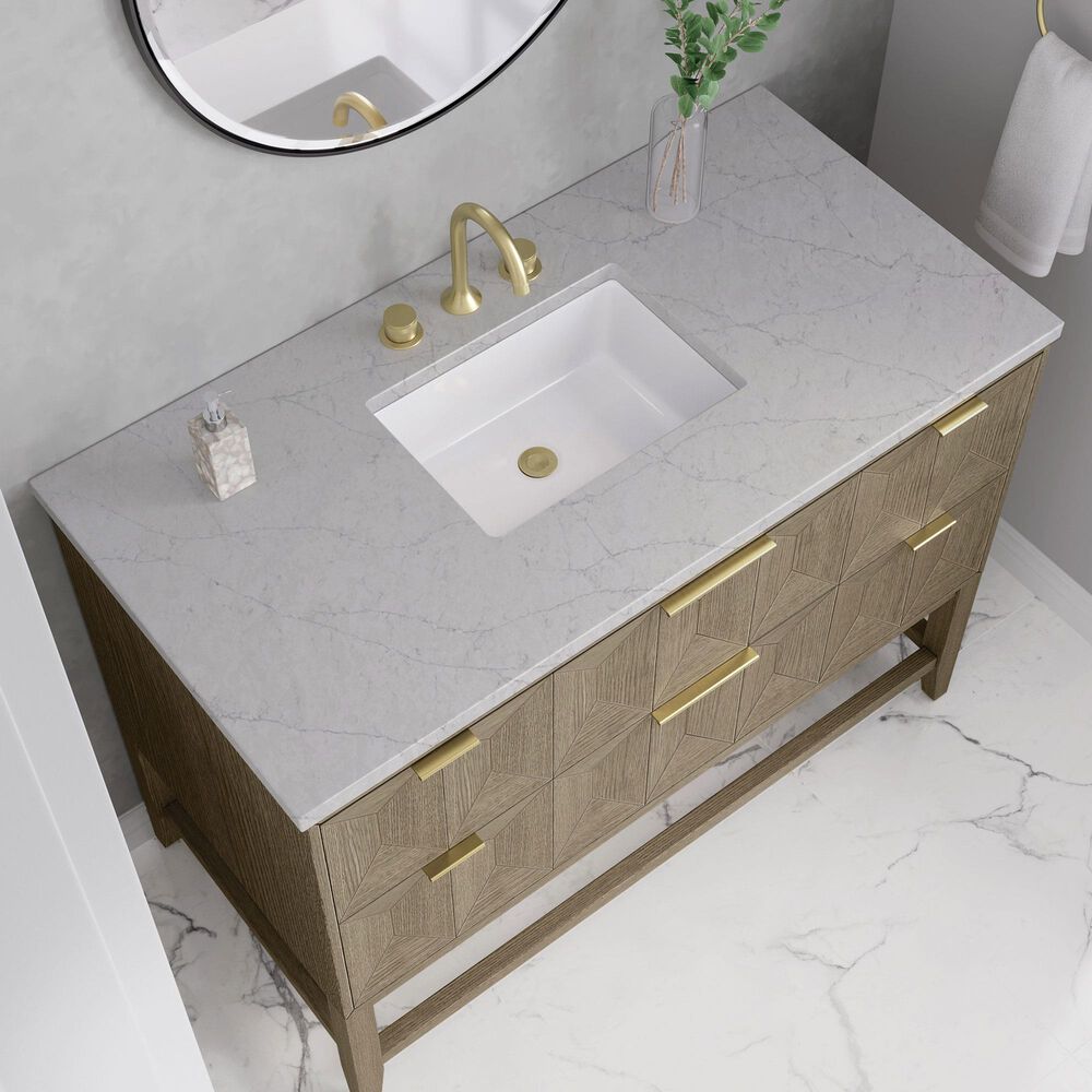 James Martin Vanities Emmeline 48&quot; Single Vanity in Pebble Oak with 3 cm Eternal Jasmine Pearl Quartz Top, , large