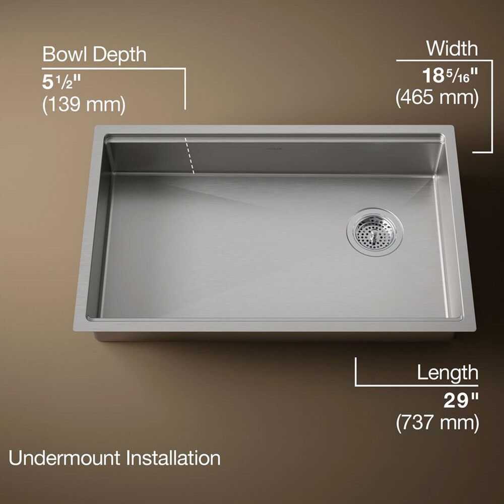 Kohler Strive 29" Undermount Single-Bowl Workstation Kitchen Sink in Stainless Steel, , large