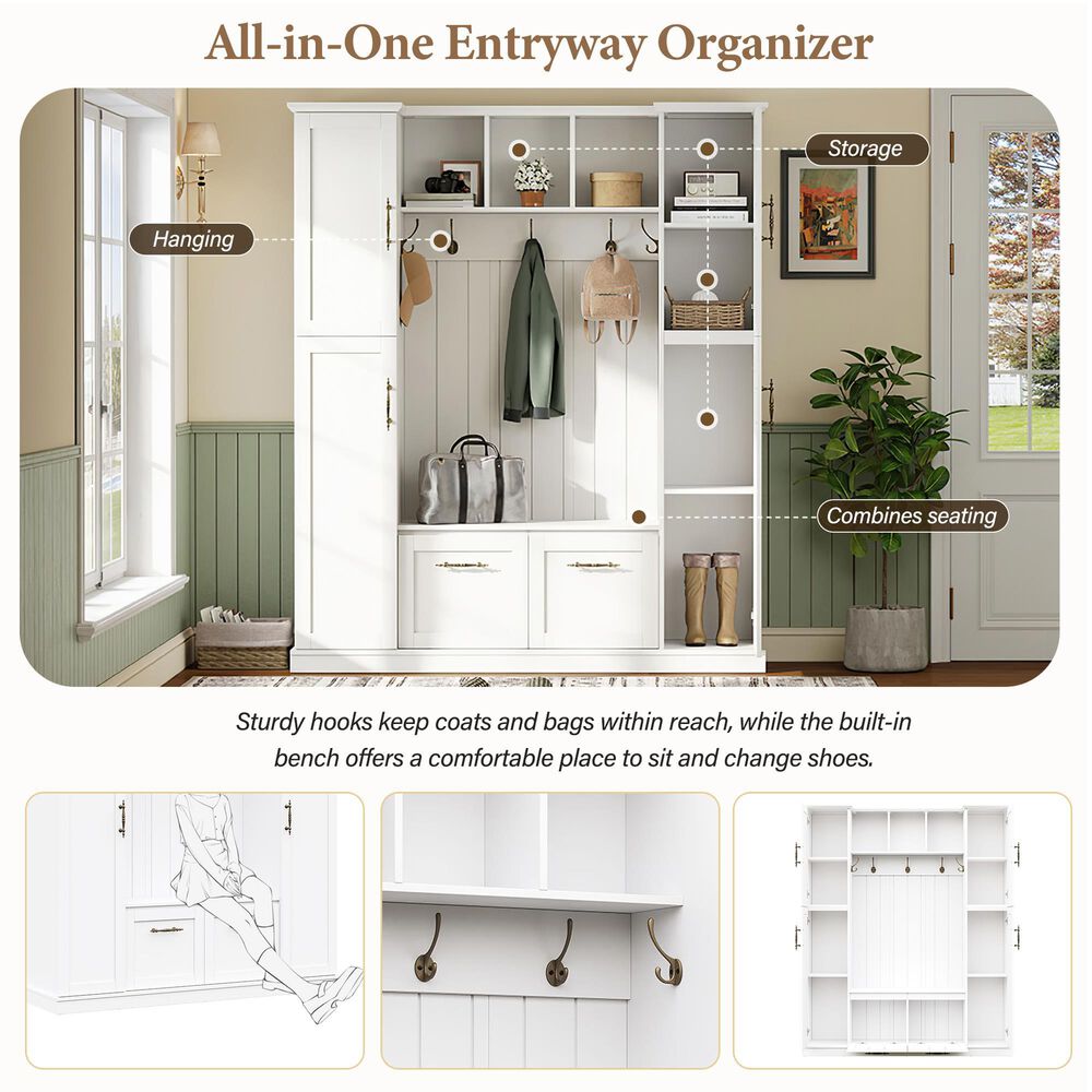 HOMLUX 5-Hook Hall Tree with 4 Side Cabinets and Storage Bench in White, , large