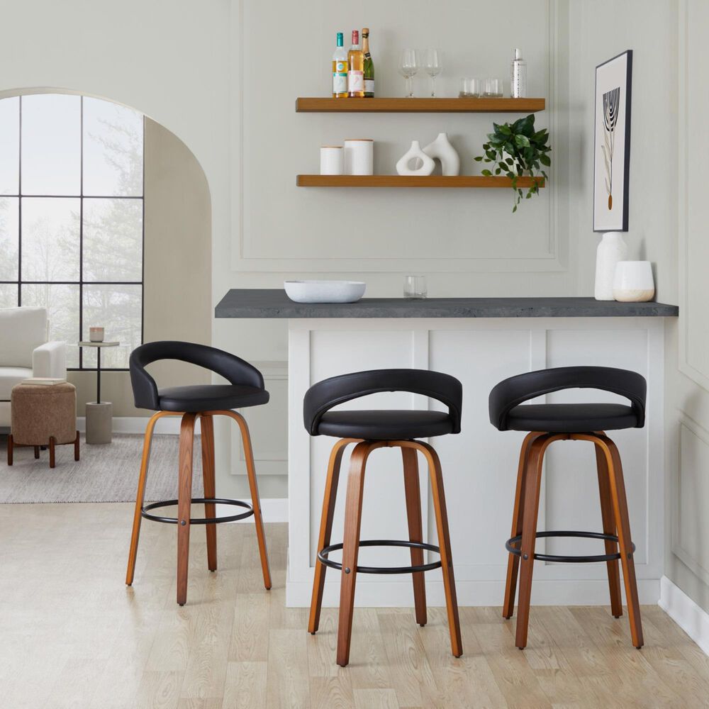 LumiSource Grotto Swivel Bar Stool with Black Faux Leather Upholstery in Walnut Wood and Black (Set of 2), , large