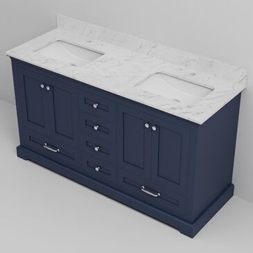 Lexora Home Dukes 60" Double Bathroom Vanity in Navy Blue with 2 cm White Carrara Marble Top and Rectangular Sinks, , large