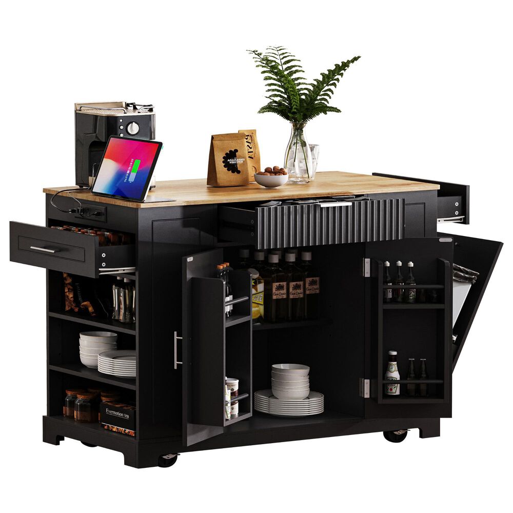 HOMLUX 47" Fluted Kitchen Island with Trash Can Storage Cabinet in Black and Natural, , large