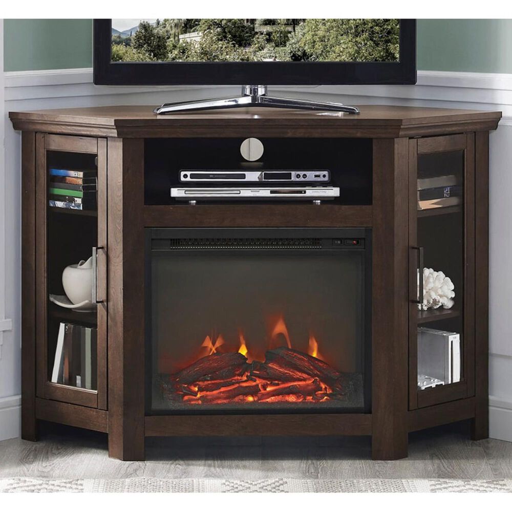 Walker Edison 48" Corner Fireplace TV Stand in Traditional Brown