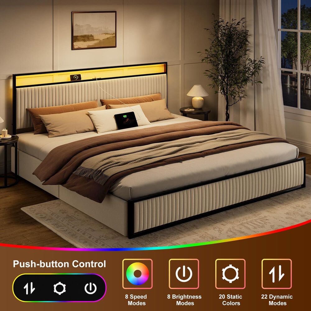 HOMLUX 2-Drawer King Storage Bed with LED Headboard and USB Ports in Beige, , large