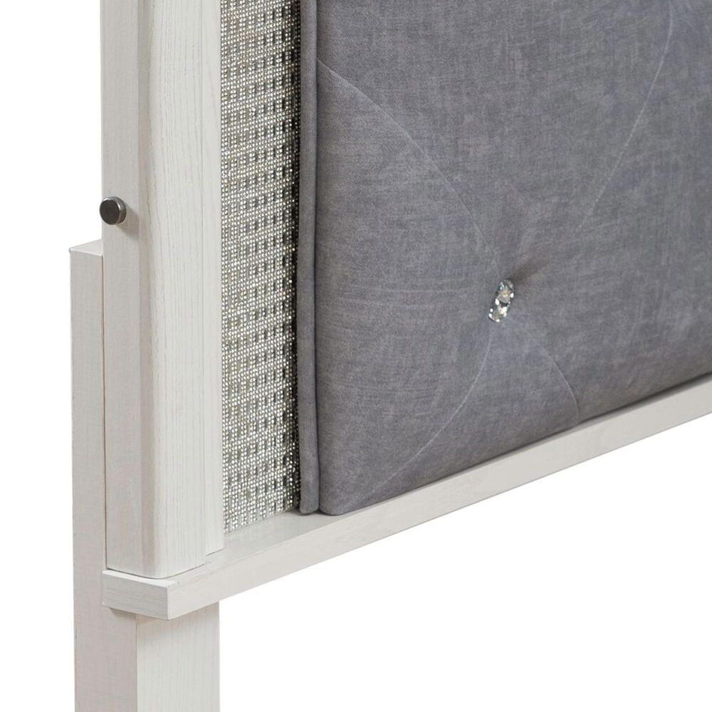 Belle Furnishings Reflections Queen Upholstered Bed with Two Nightstands in Pearl White and Rhinestone, , large