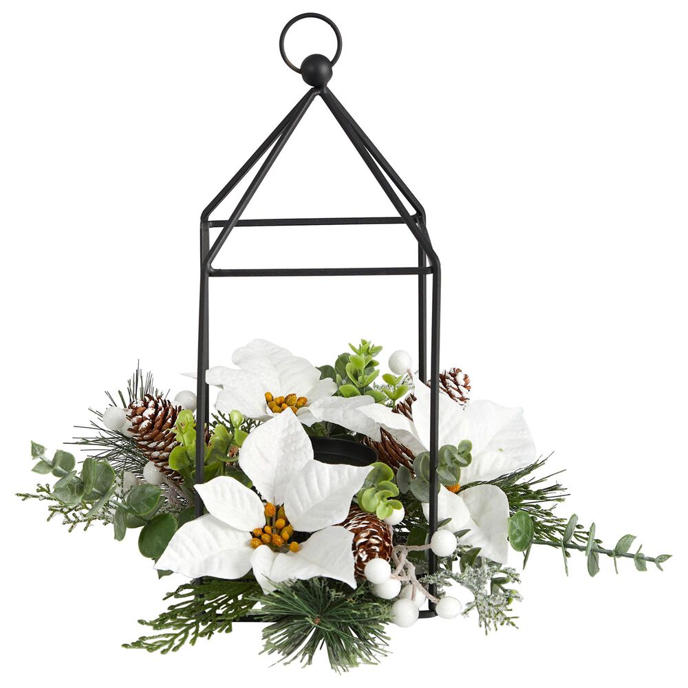 Nearly Natural Inc 14in. Holiday White Poinsettia, Berries and Pine Cone Metal Candle Holder Table Christmas Artificial Arrangement, , large