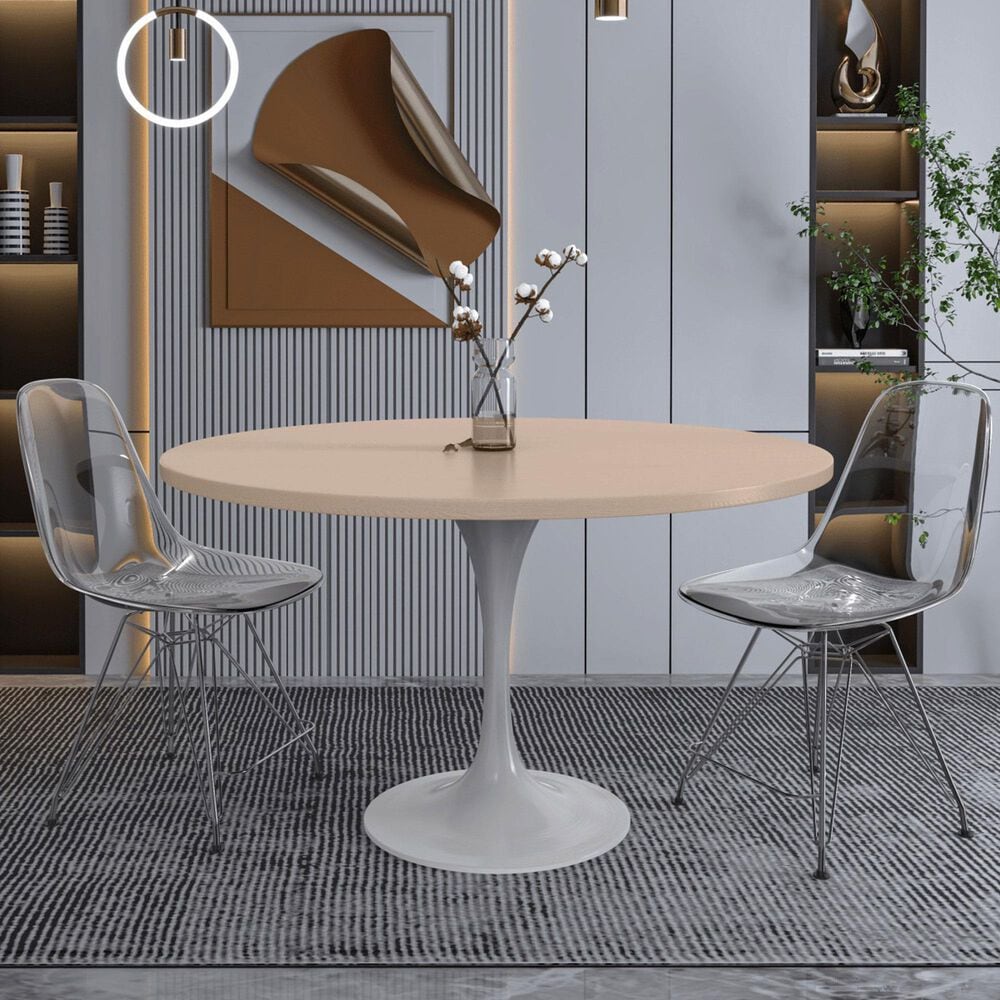 Leisuremod LeisureMod Verve Collection 48 Round Dining Table, White Base with Light Natural Wood MDF Top, , large