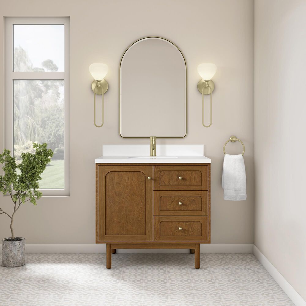 James Martin Laurent 36" Single Bathroom Vanity in Honey Oak with Single Hole 3 cm White Zeus Silestone Top and Rectangular Sink, , large