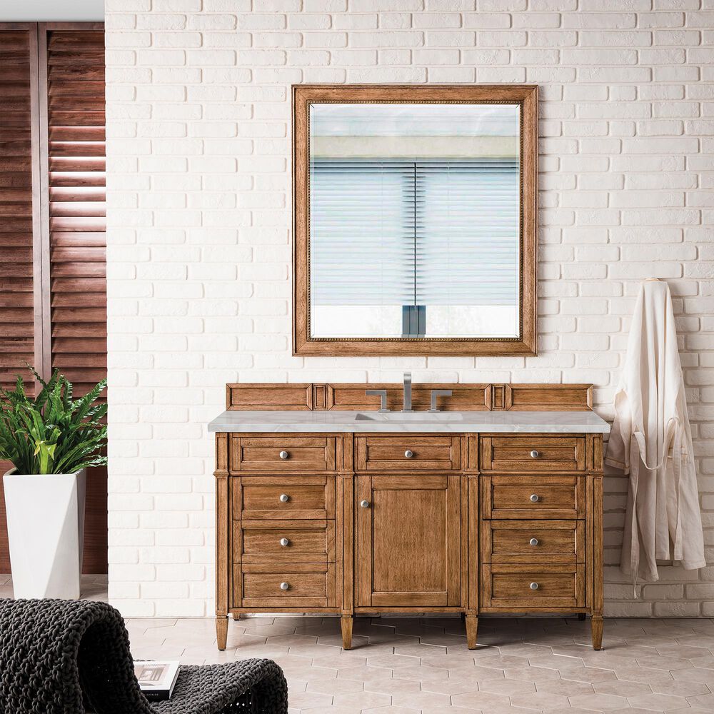 James Martin Vanities Brittany 60" Single Bathroom Vanity in Saddle Brown with 3 cm Eternal Jasmine Pearl Silestone Top, Rectangular Sink and FreePower Wireless Charger, , large
