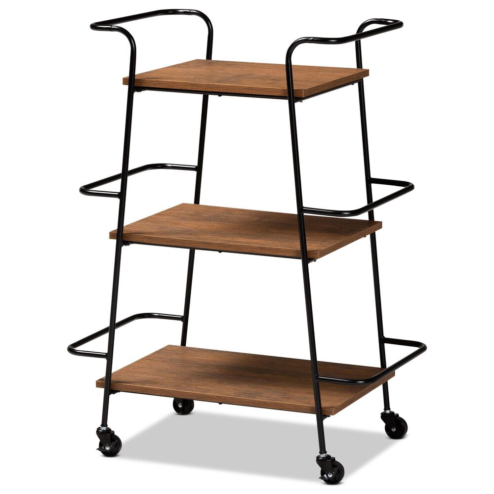 Baxton Studio Bernard Mobile Bar Cart in Walnut Brown and Black, , large