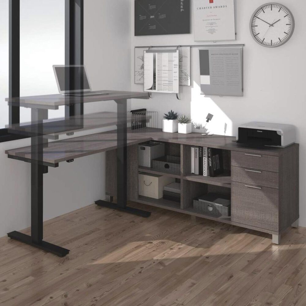 Bestar Pro-Linea L-Desk including Electric Height Adjustable Table in Bark Gray, , large