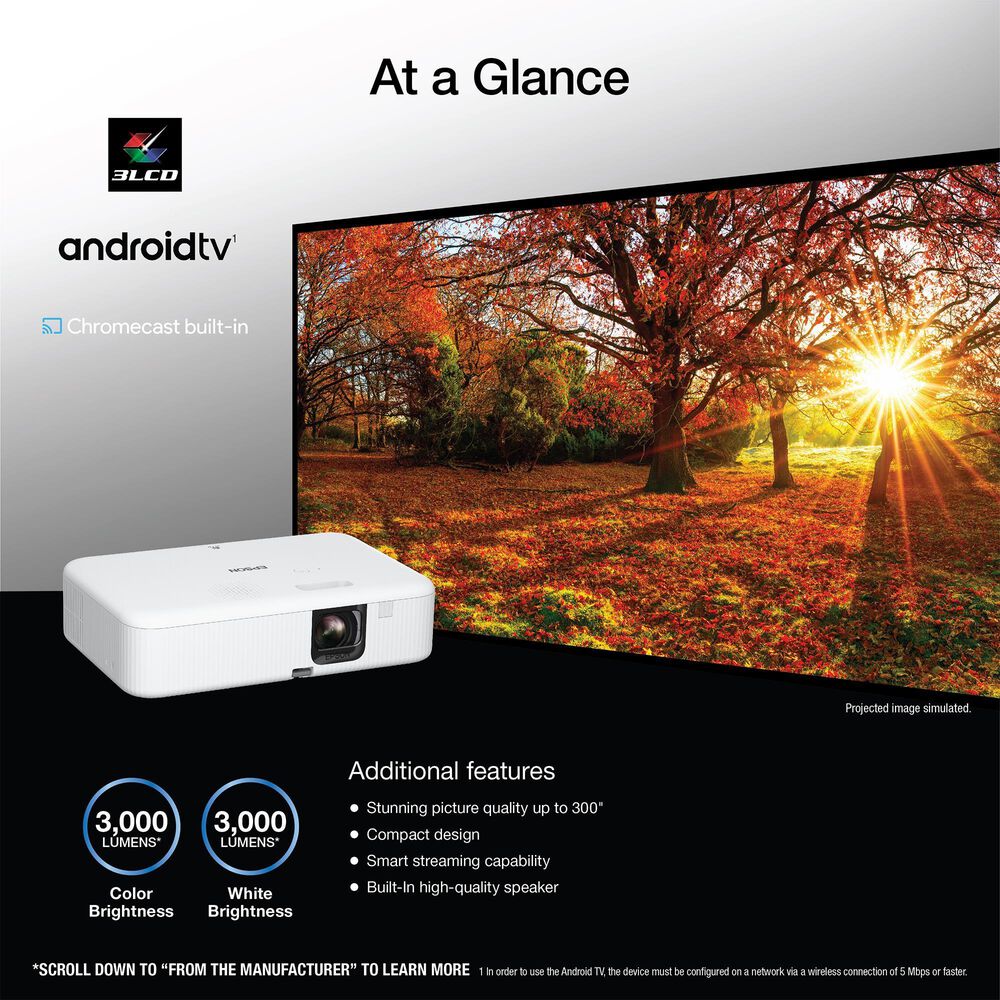 Epson EpiqVision Flex CO-FH02 Full HD 1080p Smart Streaming Portable Projector, 3-Chip 3LCD, Android TV, Bluetooth in White, , large