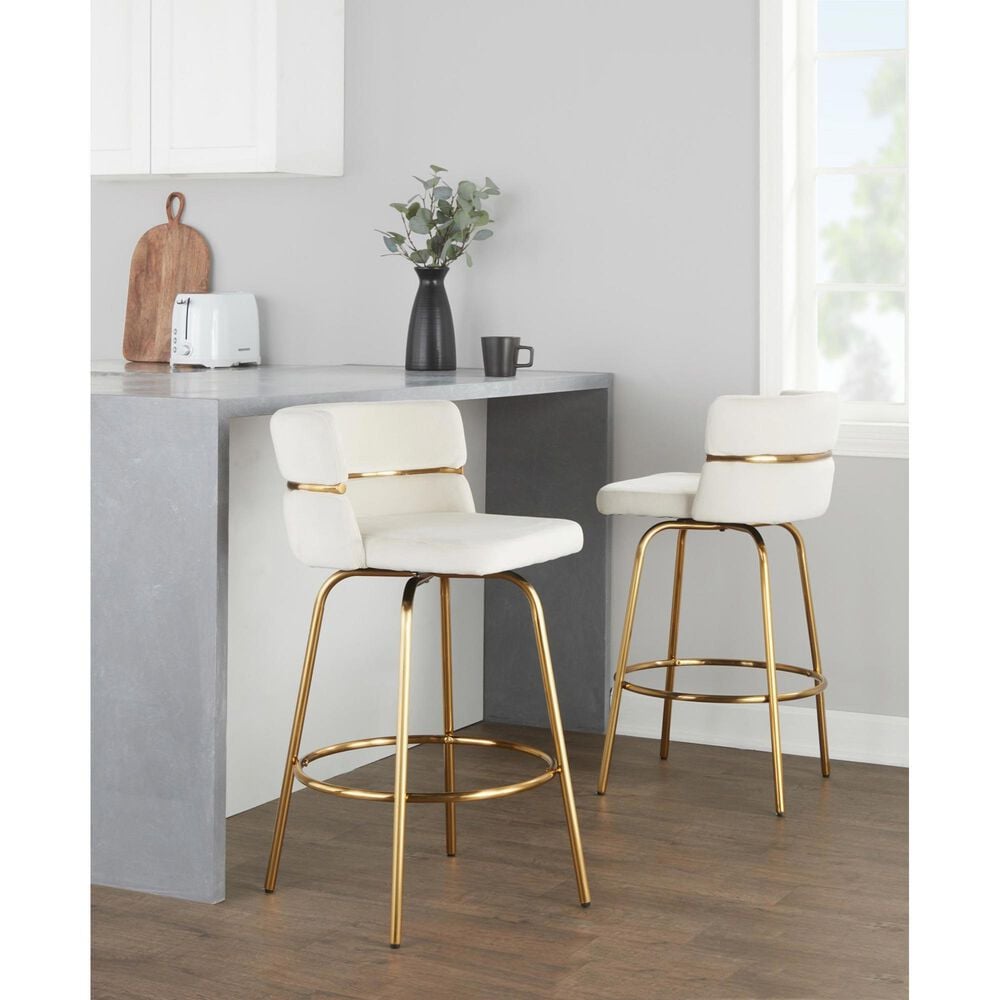 LumiSource Cinch 26" Swivel Counter Stool with Cream Upholstery in Gold (Set of 2), , large