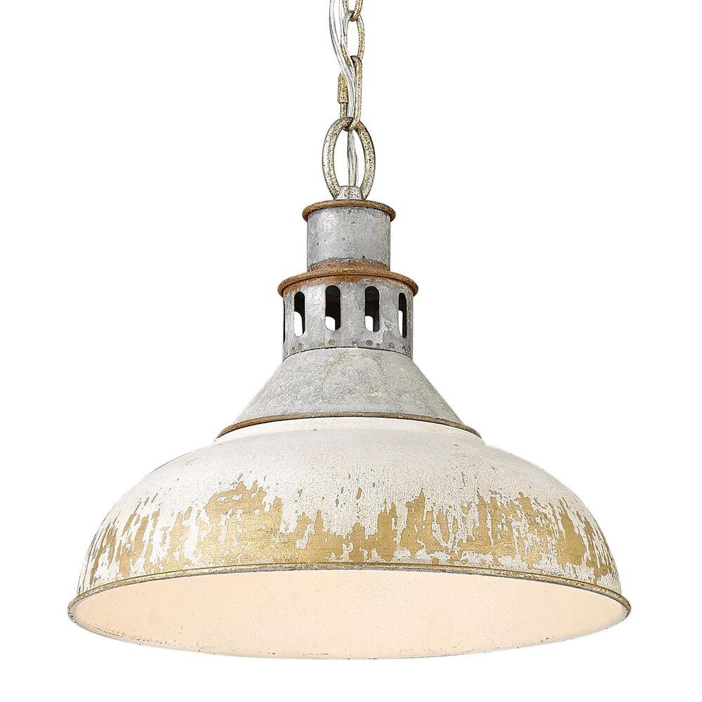 Golden Lighting Kinsley 1-Light Large Pendant with Antique Ivory Iron Shade in Aged Galvanized Steel, , large