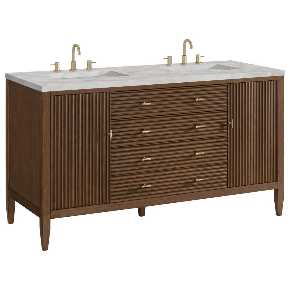 James Martin Vanities Myrrin 60" Double Bathroom Vanity in Mid-Century Walnut with 3 cm Eternal Jasmine Pearl Silestone Top, Rectangular Sinks and FreePower Wireless Charger, , large