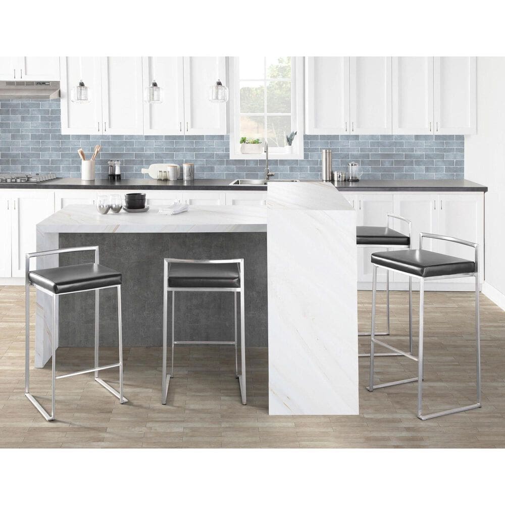 LumiSource Fuji Stackable Counter Stool with Black Faux Leather in Brushed Stainless Steel &#40;Set of 2&#41;, , large