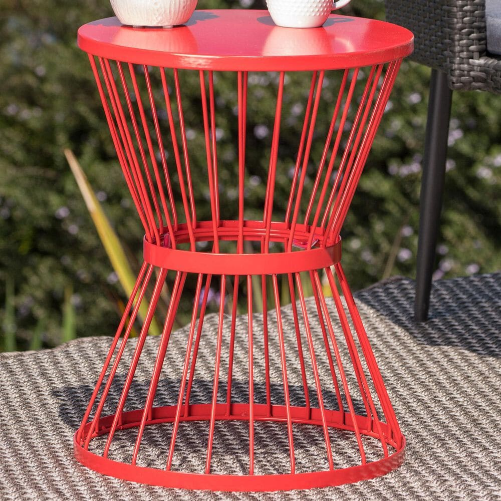 Hearth and Haven Outdoor Metal Hourglass Side Table with Open Cage Design in Red, , large
