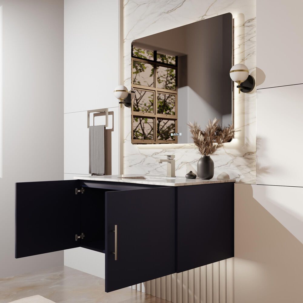 Lexora Home Geneva 36" Single Bathroom Vanity in Navy Blue with 2 cm White Carrara Marble Top and Rectangular Sink, , large