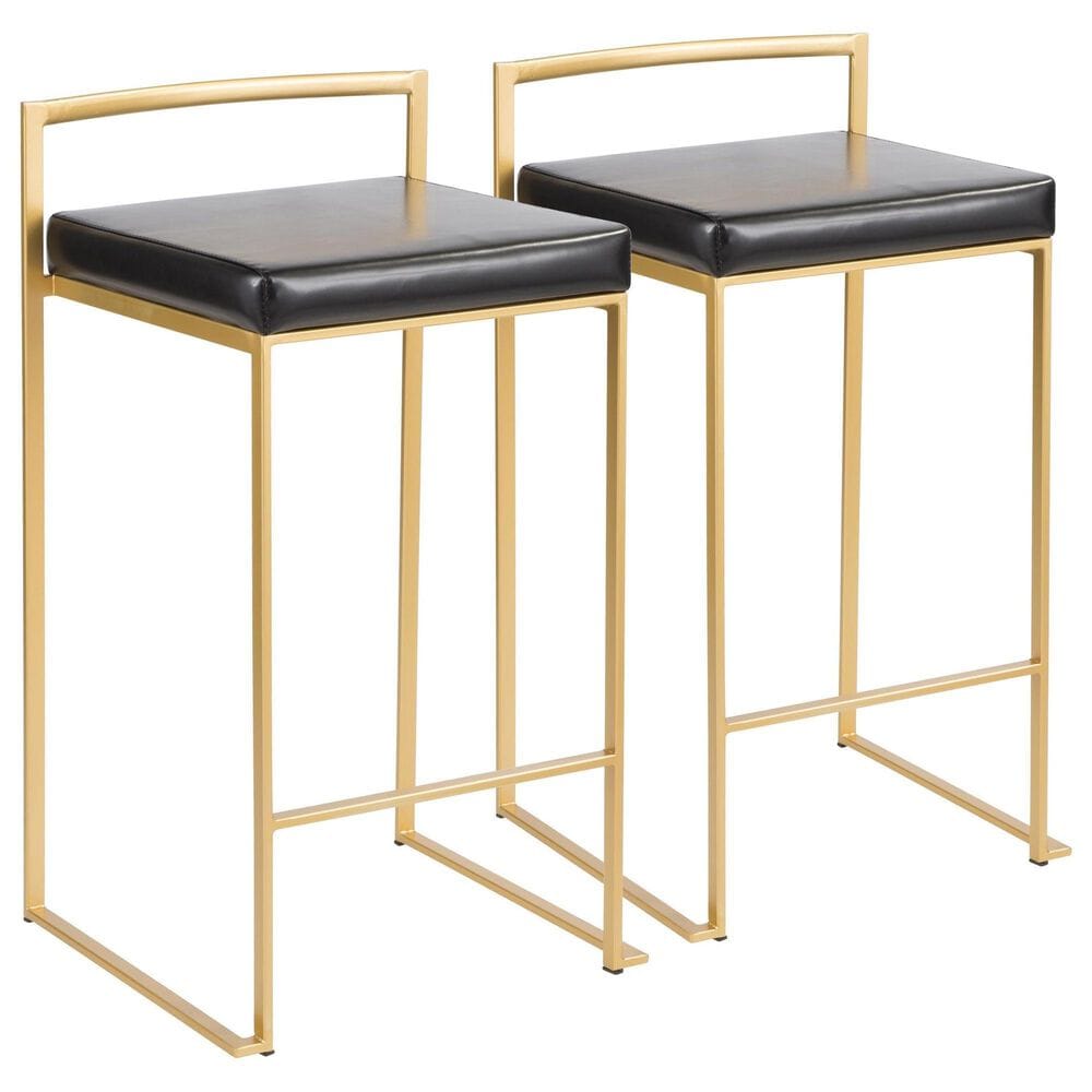 LumiSource Fuji 26" Stacker Counter Stool with Black Upholstery in Gold (Set of 2), , large