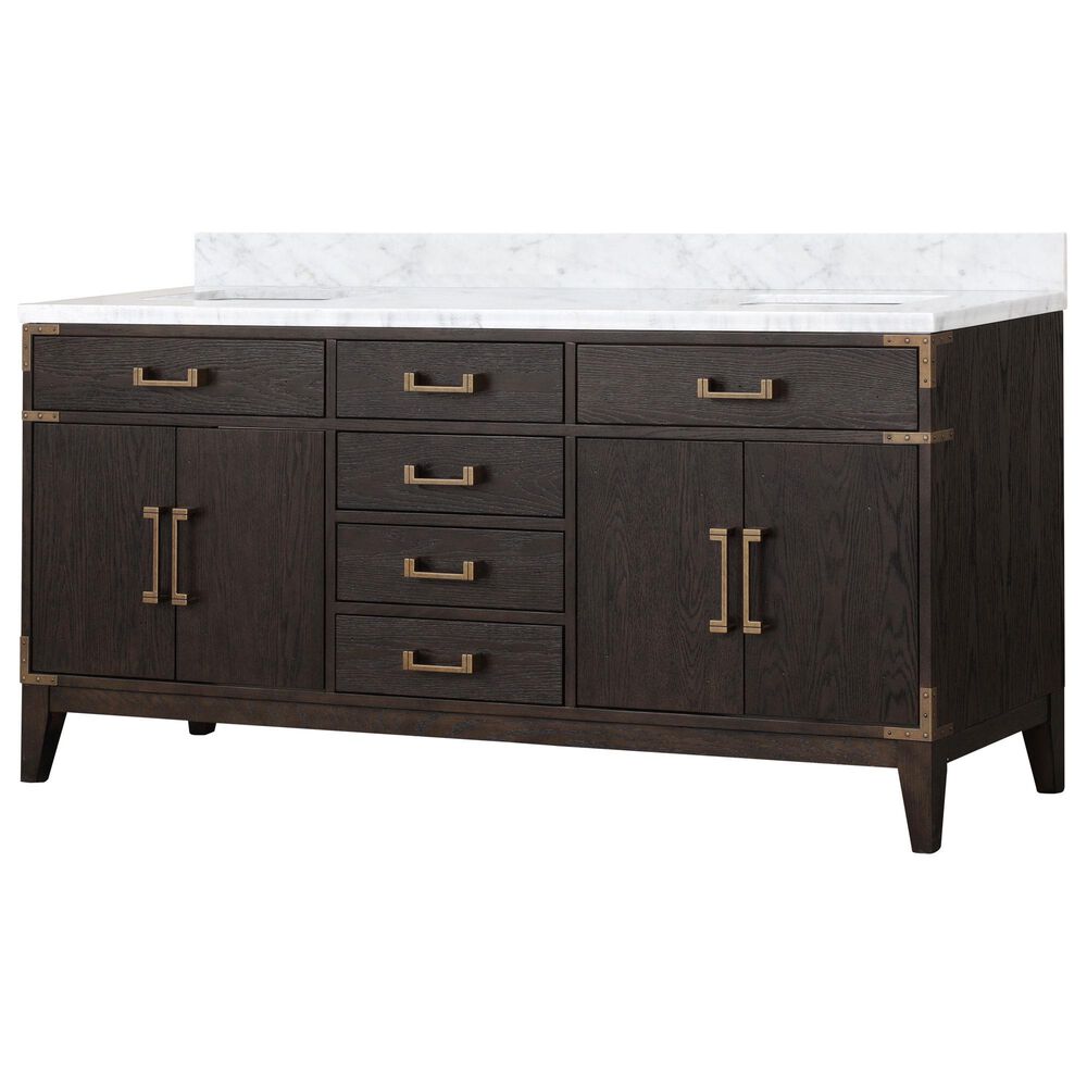 Lexora Home Laurel 72" Double Bathroom Vanity in Brown Oak with White Carrara Marble Top and Rectangular Sinks, , large