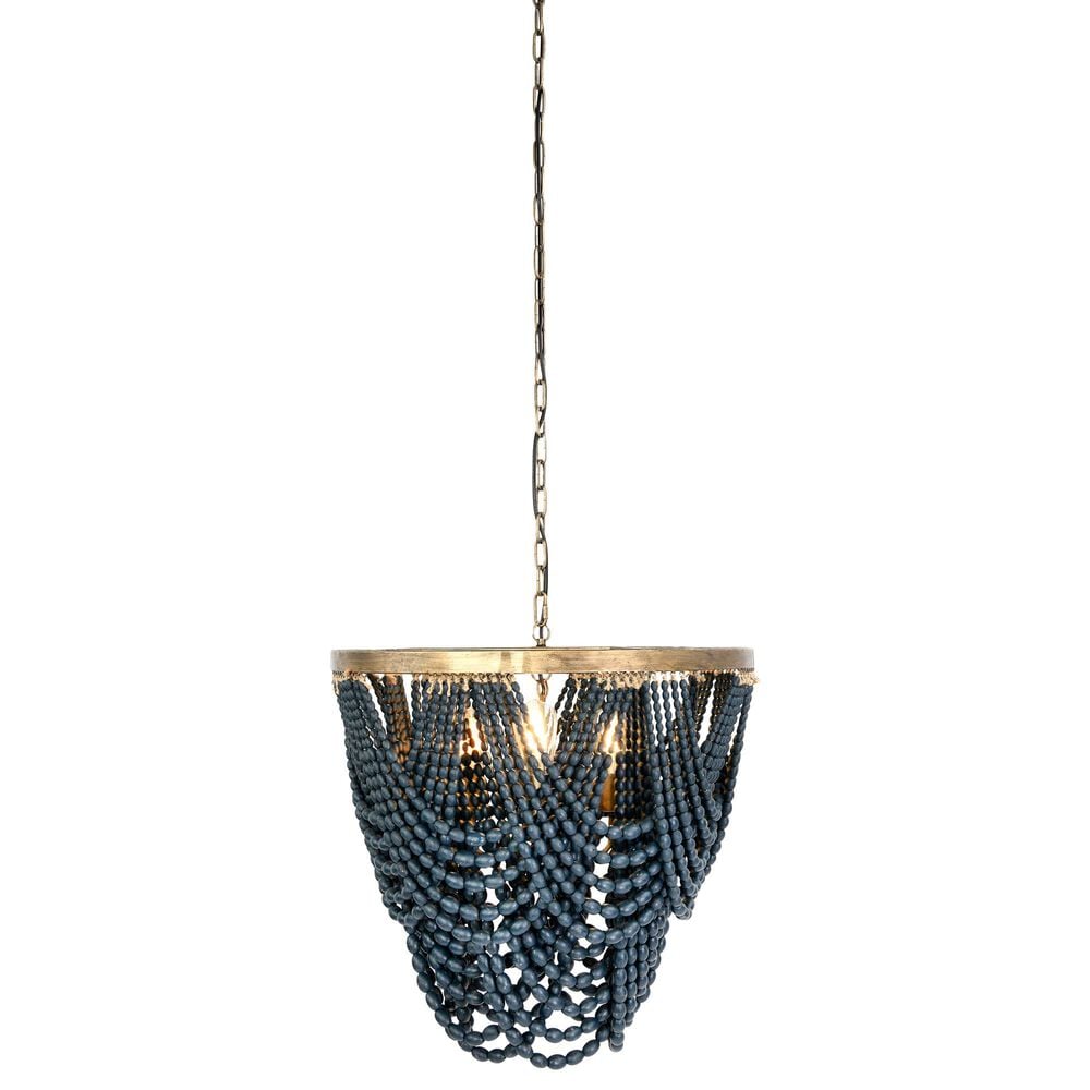 Creative Coop Laurel Draped Wood Bead Chandelier with Brushed Gold and Blue Shade, , large