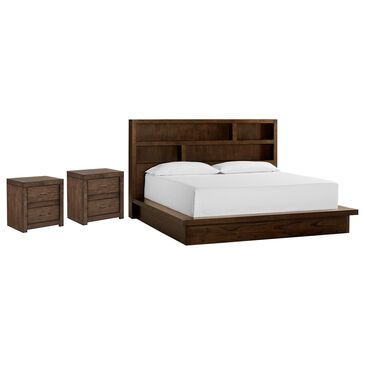 Riva Ridge Modern Loft Queen Bookcase Platform Bed with 2 Nightstands in Brownstone, , large