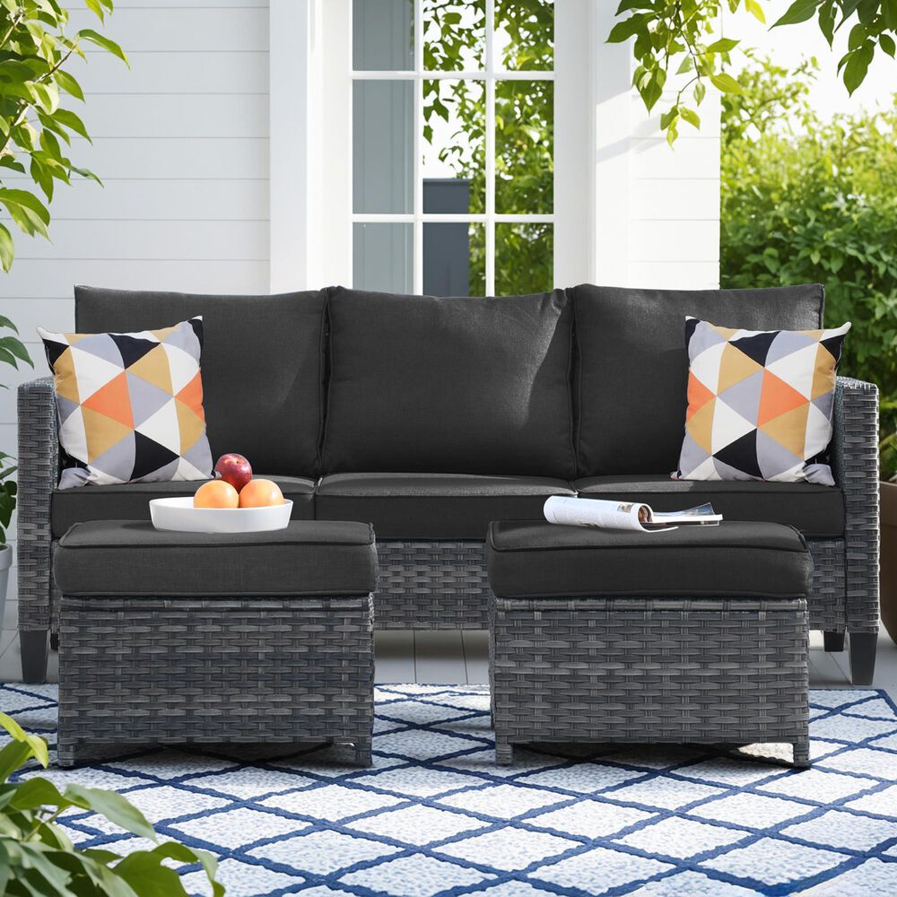 HOMLUX 3-Piece 77" Patio Sofa and Ottoman Set in Black, , large