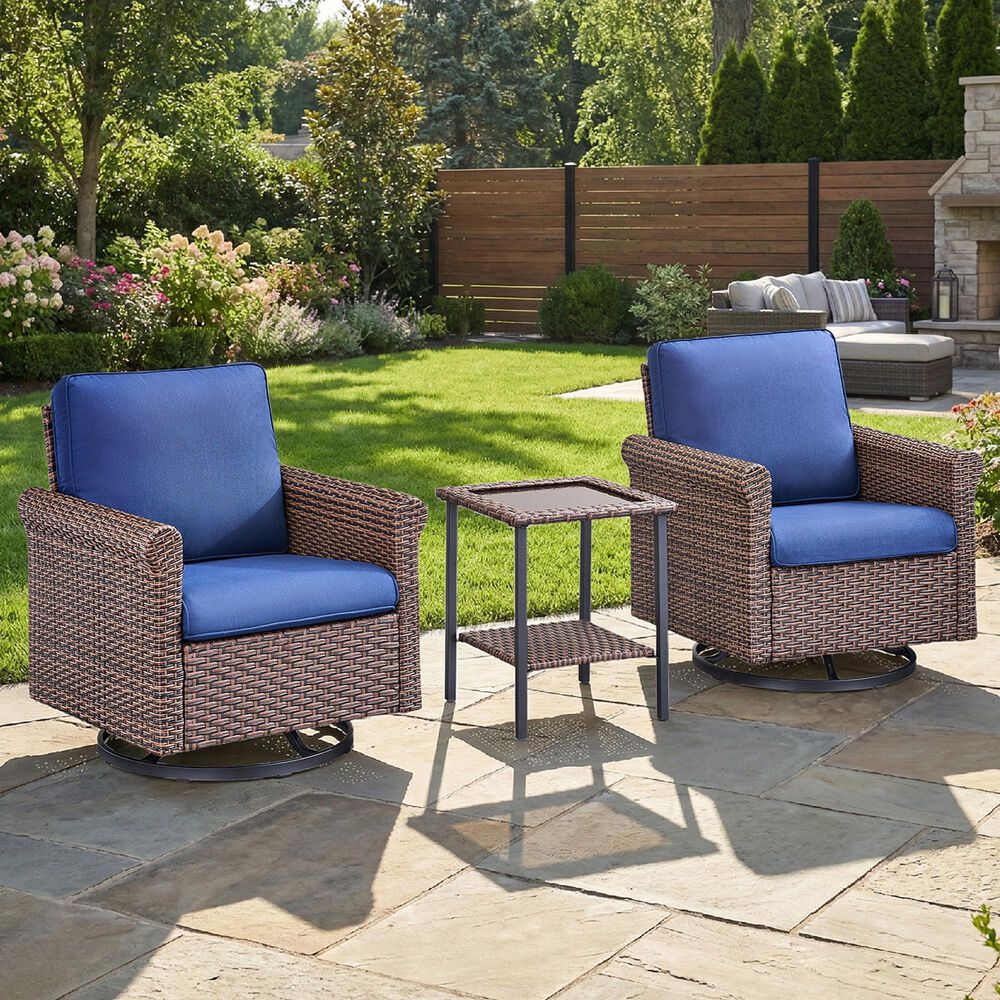 Sunwell Garden Patio Swivel Glider Chair with Brown Frame and Rolled Armrests in Navy (Set of 2), , large