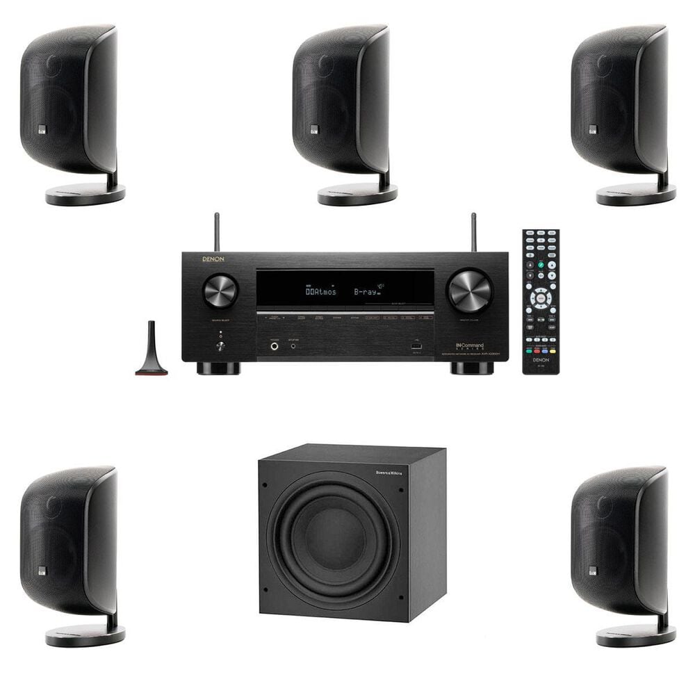 Bowers and Wilkins Mini Theatre M-1 Satellite Speaker (5) + Subwoofer in Black + Denon 95W 7.2-Channel AV Receiver in Black, , large