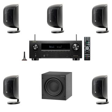 Bowers and Wilkins Mini Theatre M-1 Satellite Speaker (5) + Subwoofer in Black + Denon 95W 7.2-Channel AV Receiver in Black, , large