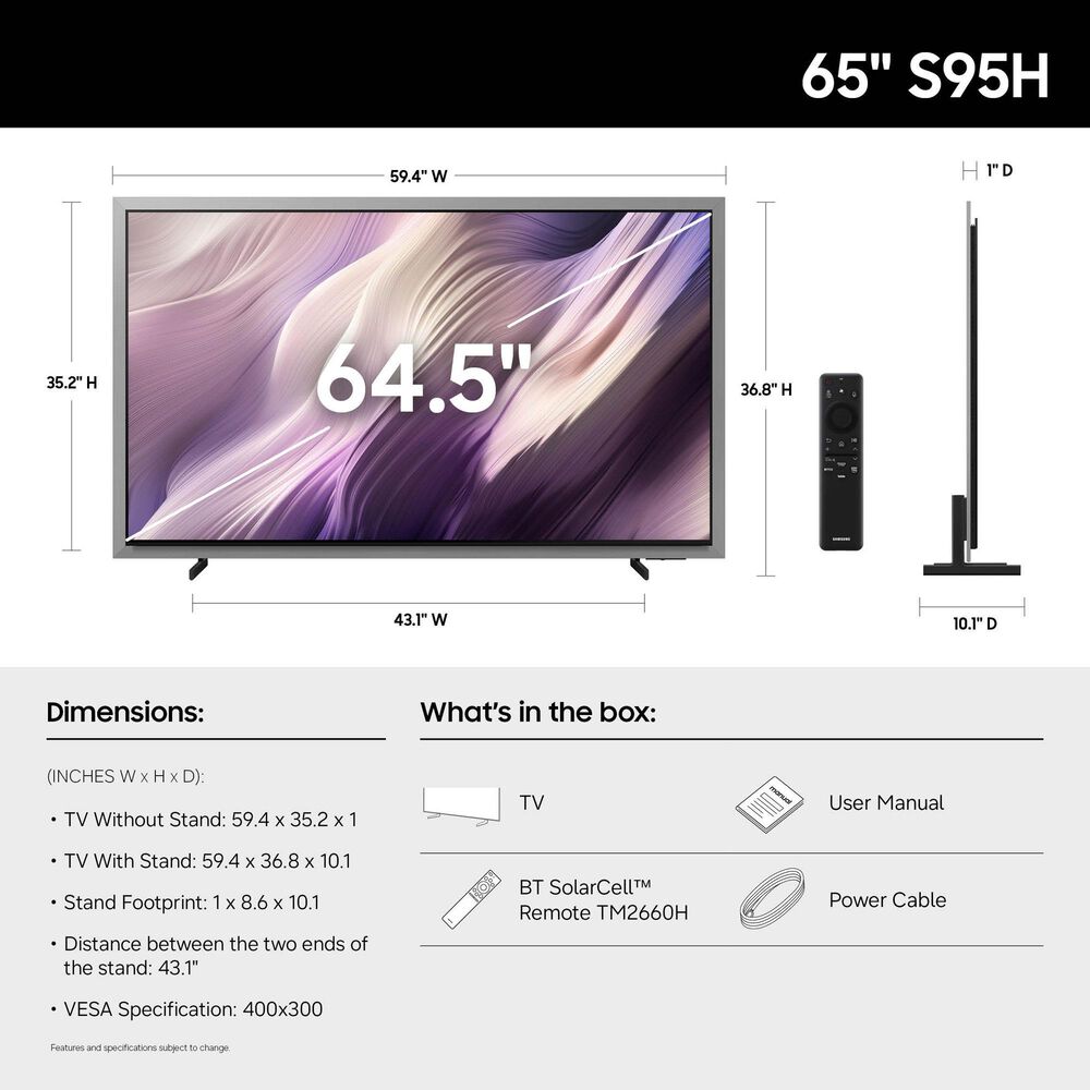 Samsung 65" Class S95H OLED 4K UHD Vision AI in Black - Smart TV, , large