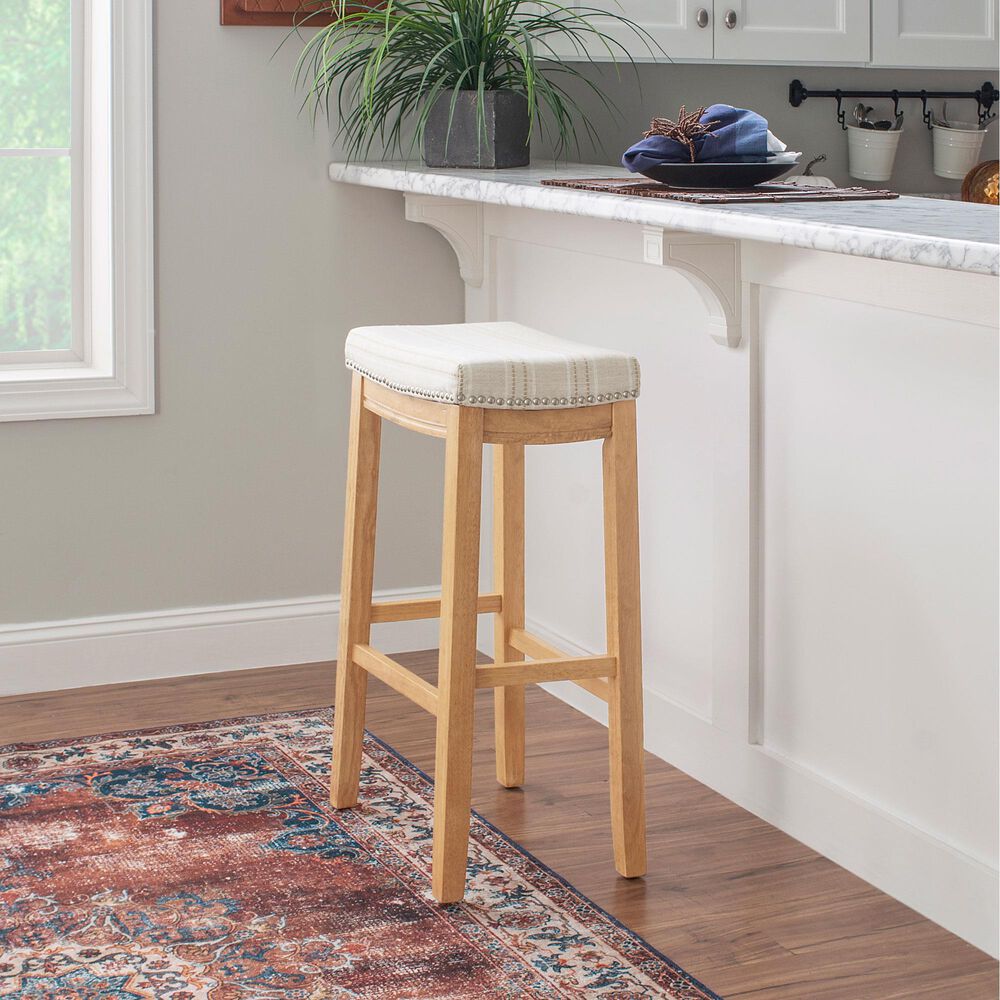 Linon Home Decor Claridge Bar Stool with Striped Beige Cushion in Rustic Brown, , large