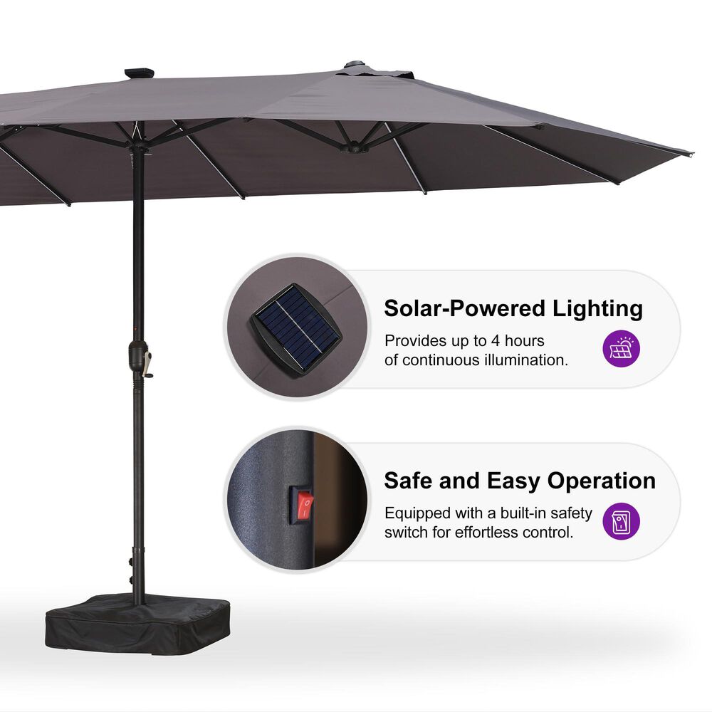 HOMLUX 14' Outdoor Double-Sided Market Umbrella with Base and Solar LED Lights in Grey, , large