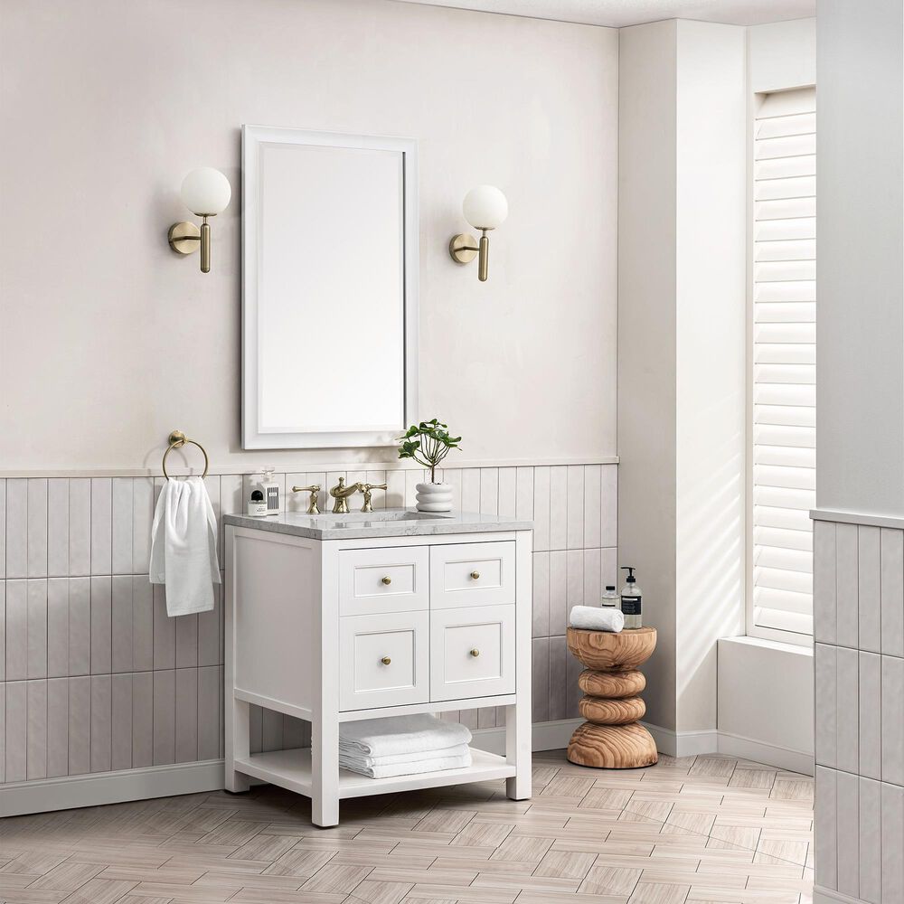 James Martin Vanities Breckenridge 30&quot; Single Bathroom Vanity in Bright White with 3 cm Eternal Jasmine Pearl Quartz Top and Rectangular Sink, , large
