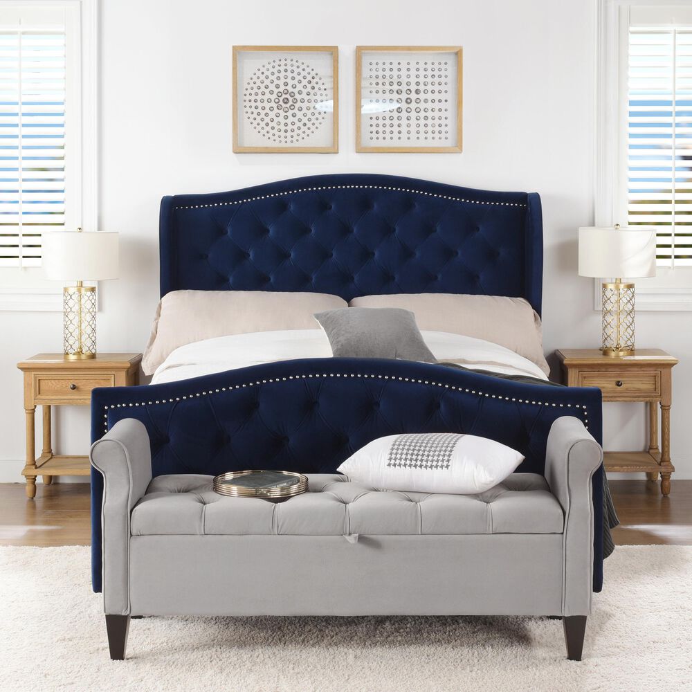 Jennifer Taylor Home Marcella Tufted Wingback Queen Bed in Navy Blue NFM